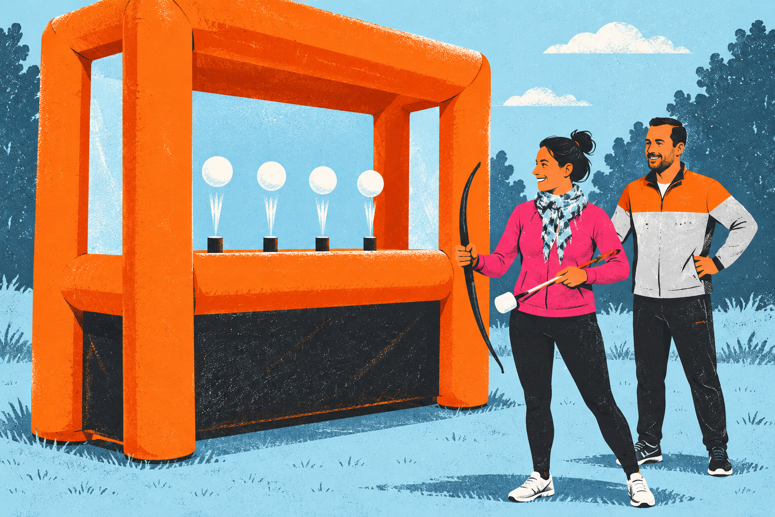 Ilustrácia nafukovacej terčovnice Hoverball s levitujúcimi loptičkami