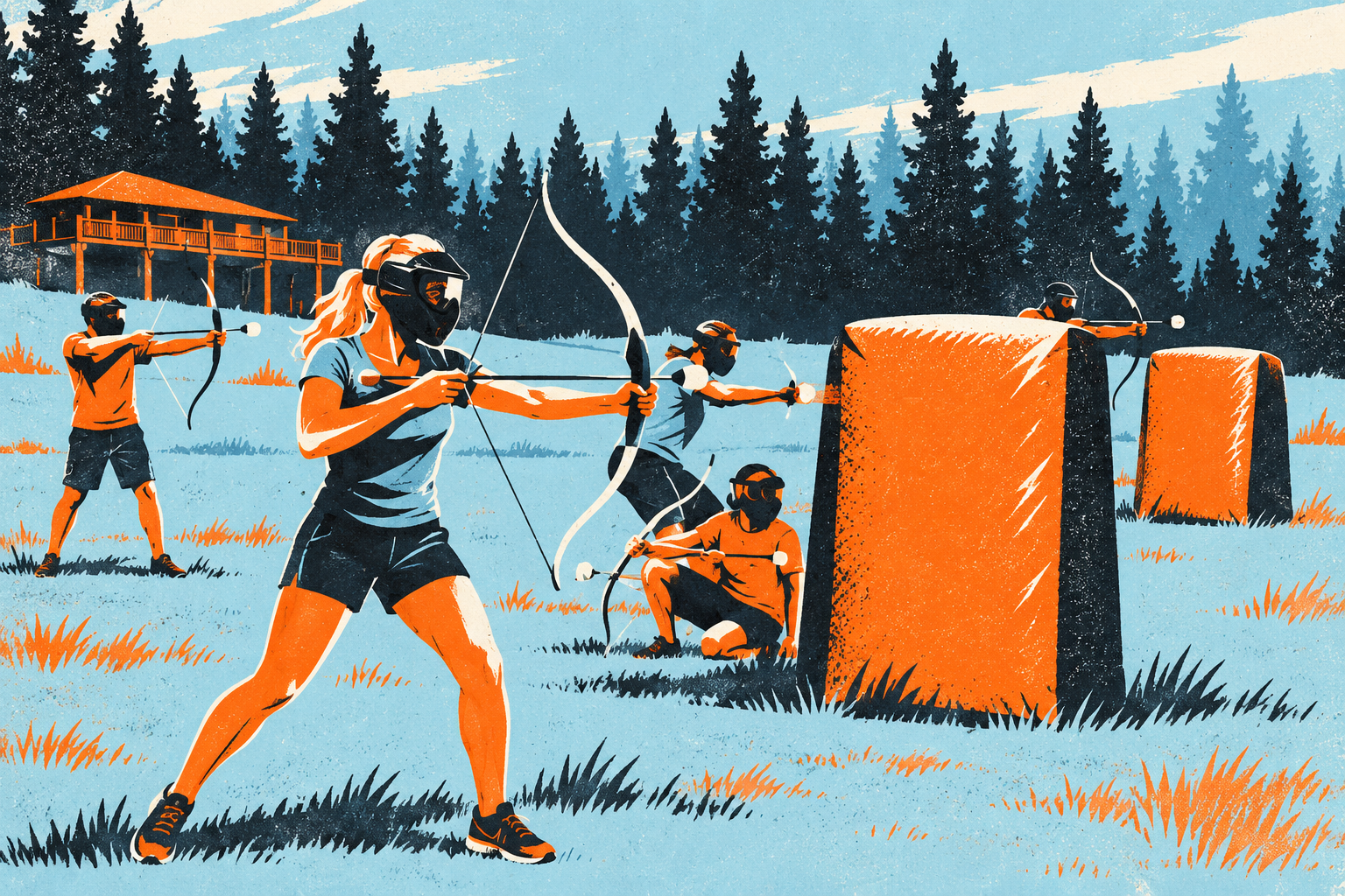 Ilustrácia hráčov Archery Strike s ochrannými maskami a penovými šípmi